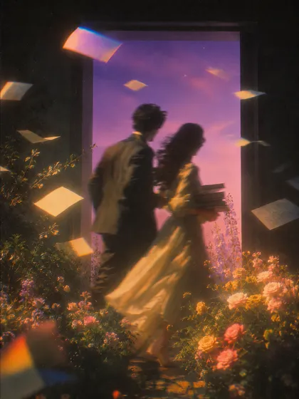 A silhouetted couple walking through a rose garden toward a glowing doorway, illustrating the Hale Woods identity