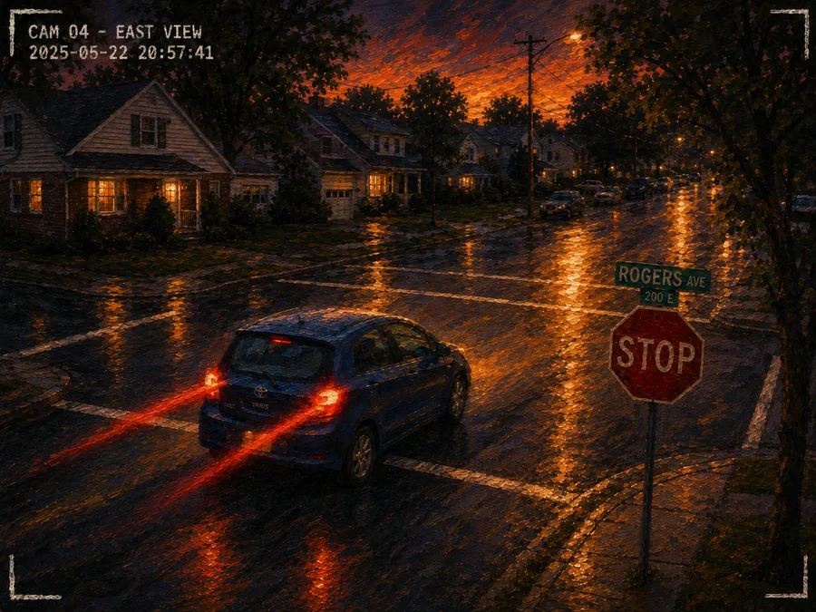A car braking hard through a stop sign on a quiet residential street at dusk, shot like a security-camera still.