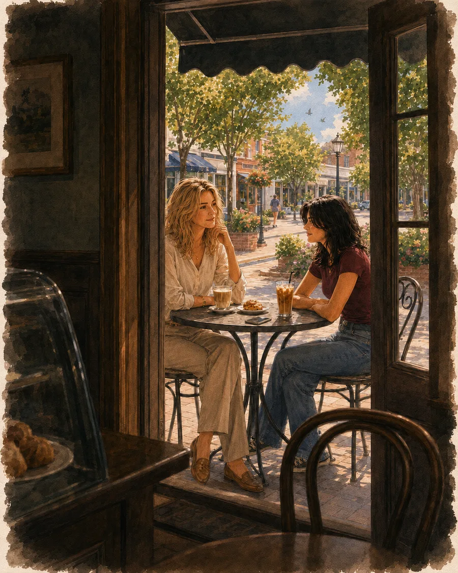 Ruby and Mia at a small café table, talking over coffee on a sunny afternoon.